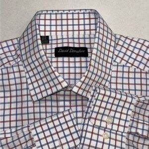 David Donahue Shirt 15.5 32-33 Windowpane Check blue / burgundy Spread Collar